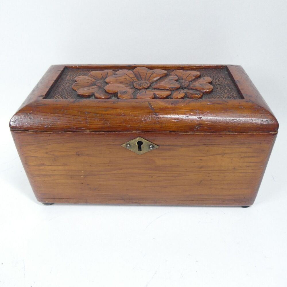 Handmade Wooden Box w/Carved Flowers Lid Vintage 9.5x5x5 NEEDS REPAIR